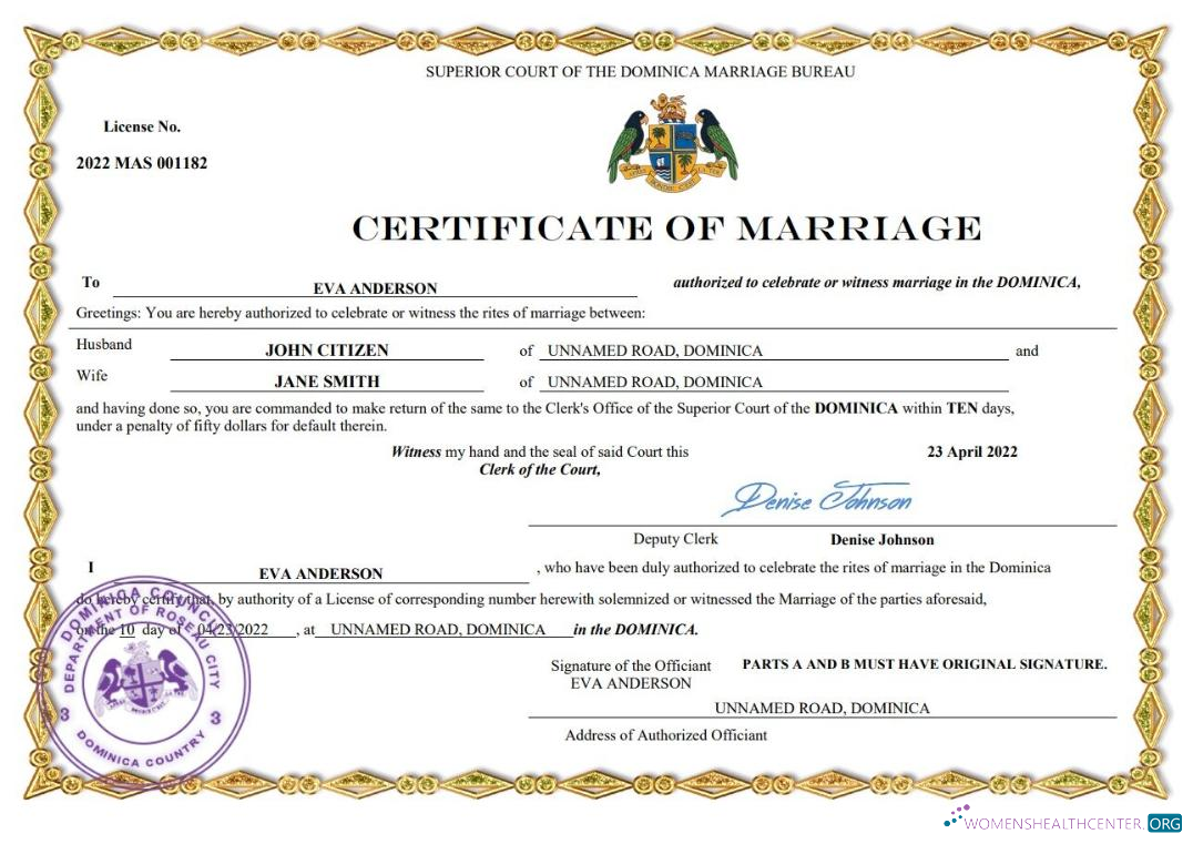 Download Dominica marriage certificate Word and PDF template Photoshop template